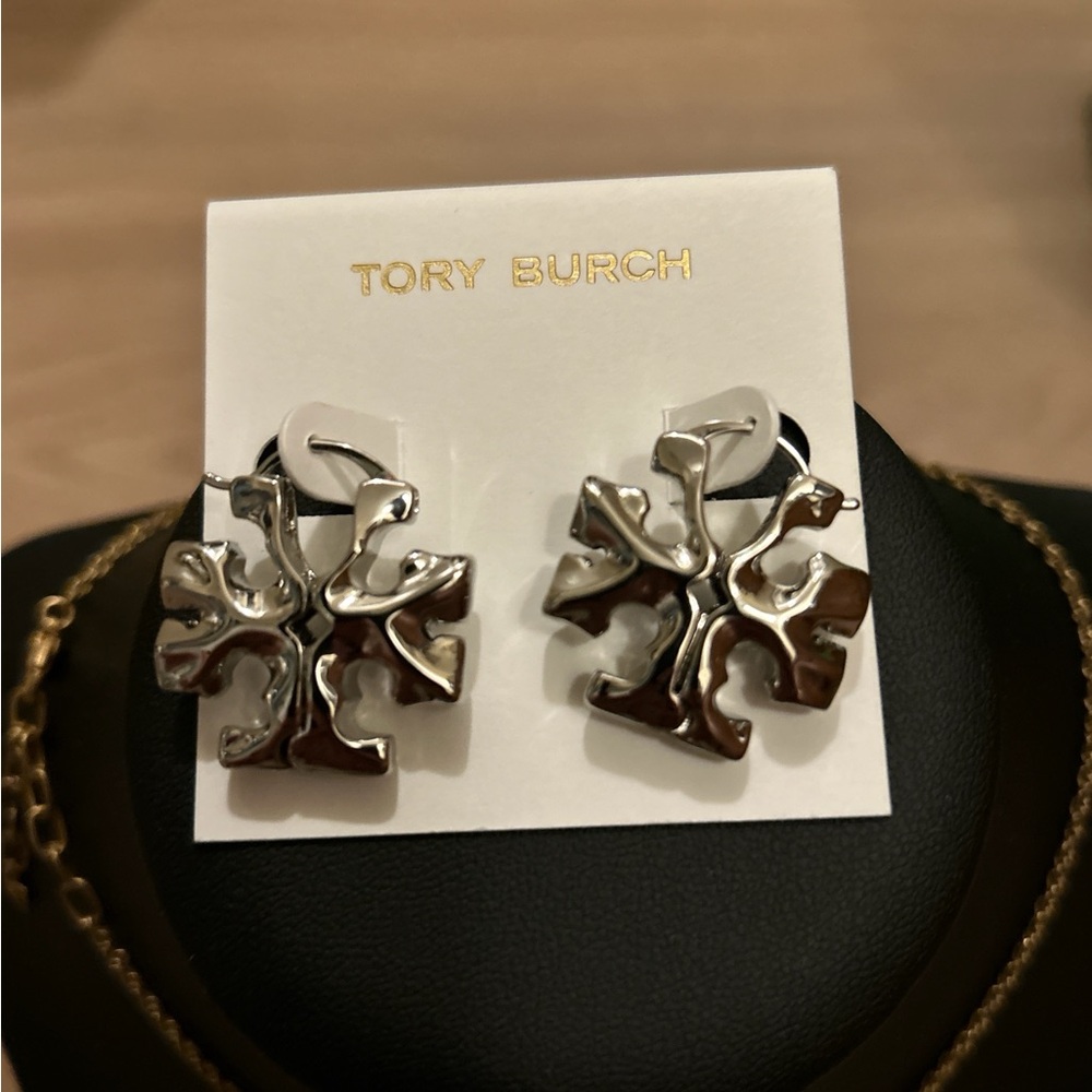 Tory Burch Silver Logo Earrings